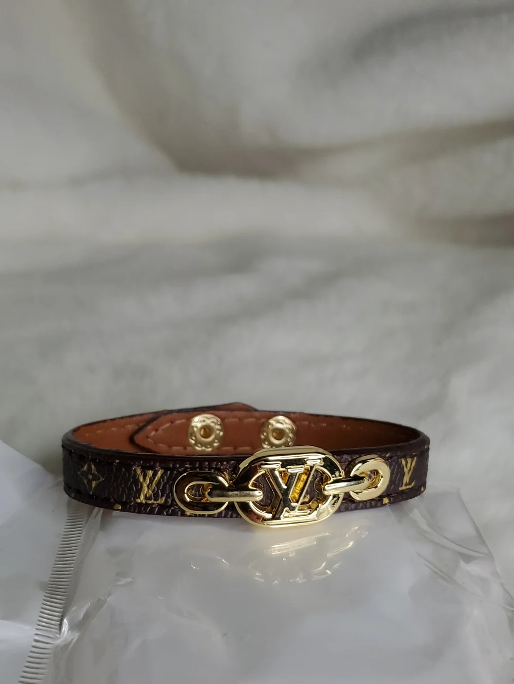 Lv  Brown Monogram Bracelet with Gold LV Emblem